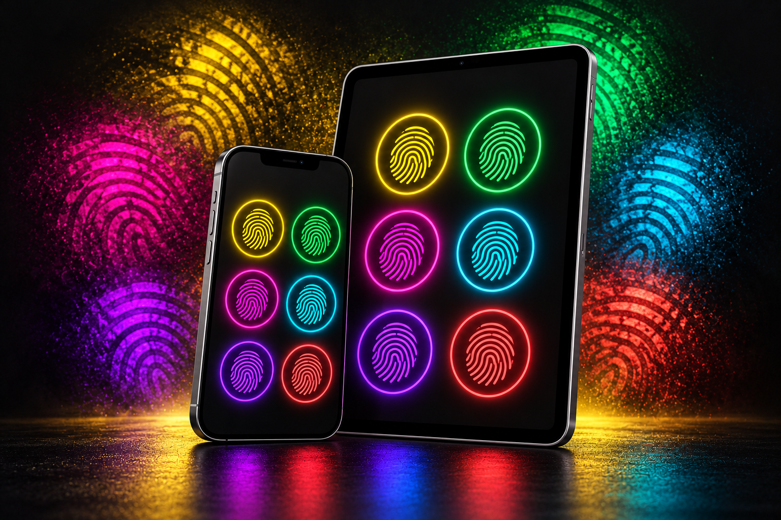 WHO PAYS? — smartphone e tablet con impronte colorate al neon
